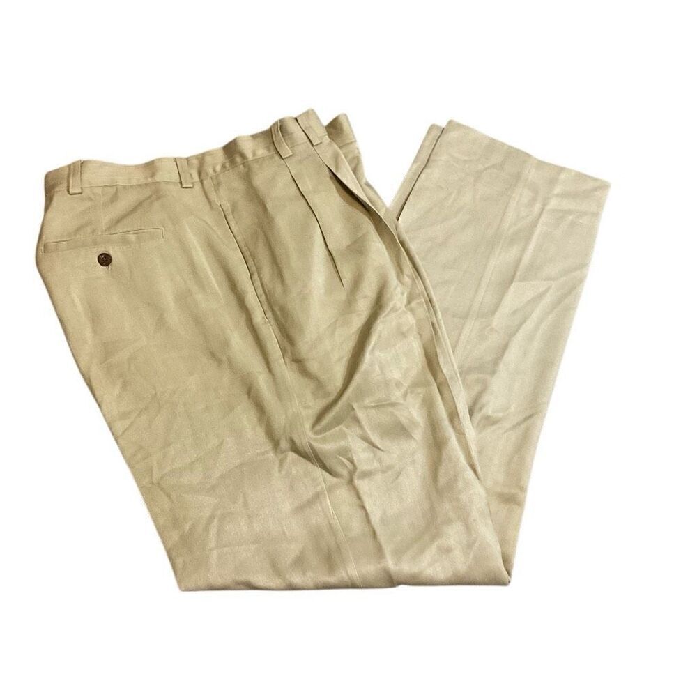 Tommy Bahama Mens Relaxed Fit Pleated Front 100% Silk Dress Pants Beige Size 42